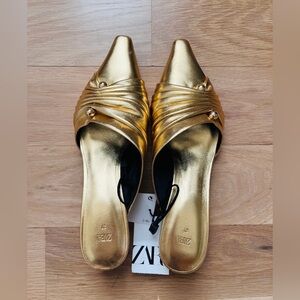 NEW Zara Gold Mules with Pearl Detail